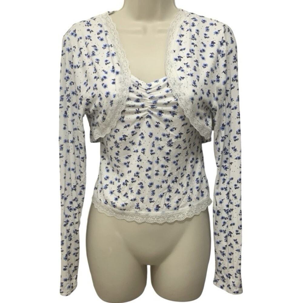 Sugar Moon 2 Piece Shrug & Tank Top Set Juniors L Blue Floral Lace